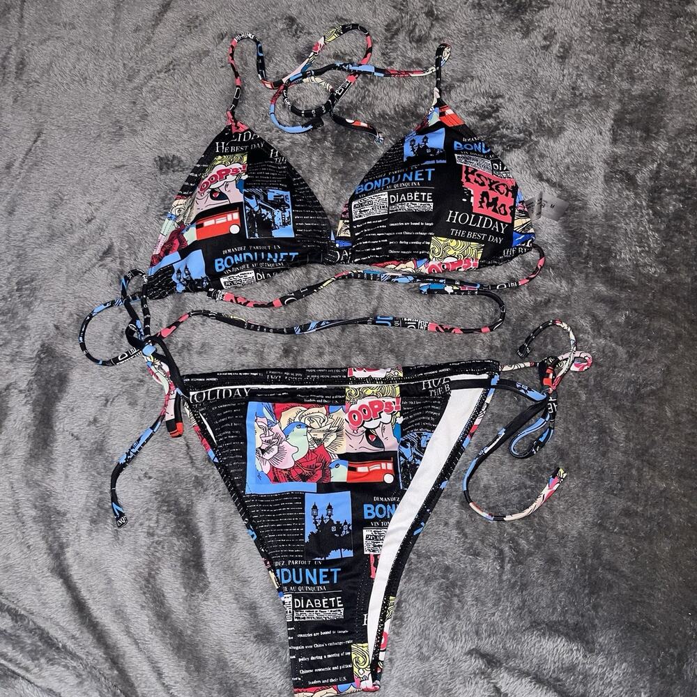 Comic Book Print 2 Piece Bathing Suit Women Size Medium